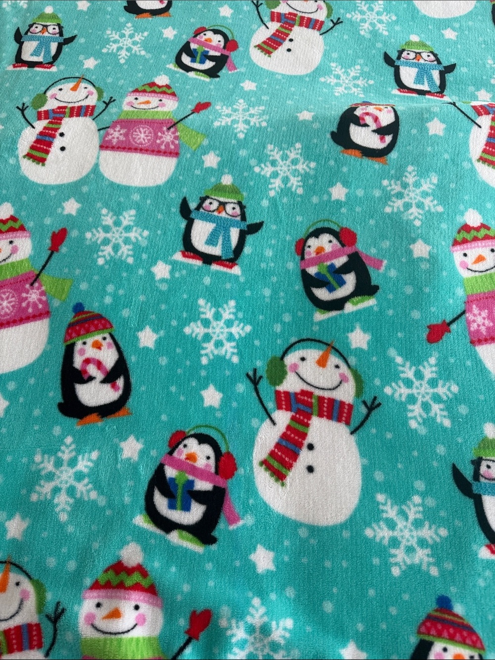 Turquoise Winter Snowman & Penguin Print Fabric